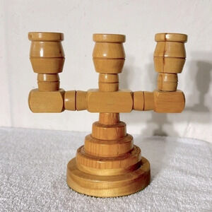 Vintage Wooden Scandinavian 3 Arm Candle Holder Candelabra